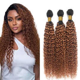 Niciitysi Light Brown Human Hair Color 1B30 Kinkycurly Bundles 12 14 16 inch Ombre Two Tone Black and Brown Curly Wave Bundles Double Weft Brazilian Hair Extensions Soft and Silky