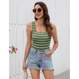 Ribbed Tank Tops for Women 2025 Square Neck Sleeveless Shirts Striped Knit Summer Casual Green Basic Tanks for Teacher