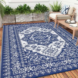 GarveeLife 8x10 Outdoor Rug Waterproof Reversible Plastic Straw Mat, Large Dark Blue and White Vintage Medallion Patio Area Rug for Deck, Balcony, Camping, Beach, Picnic, Indoor/Outdoor Use