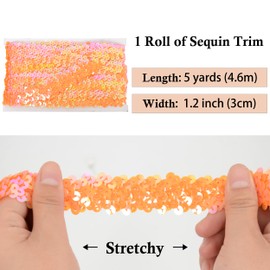 Elastic Sequin Trim, 1.2 Inch 3 Row Flat Glitter Paillette Sequin Ribbon, Bling Fabric Metallic Stretch Sequin Strip Sewing DIY Projects, 5 Yards, Orange