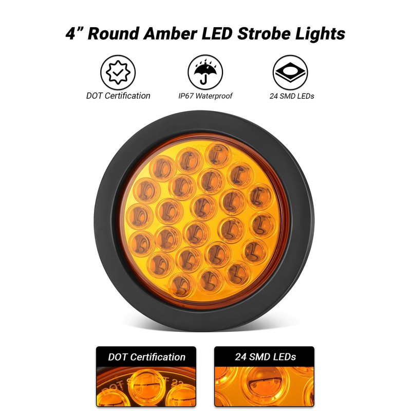 XtraGlow 4 Inch Round Amber LED Strobe Lights 24LEDs Tail