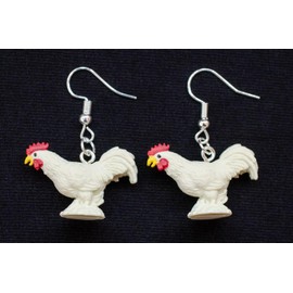 Miniblings Rooster Earrings Pendant Chicken Farm Chickens Easter White Base - Handmade Fashion Jewellery I Earrings Earrings Silver Plated, Plastic