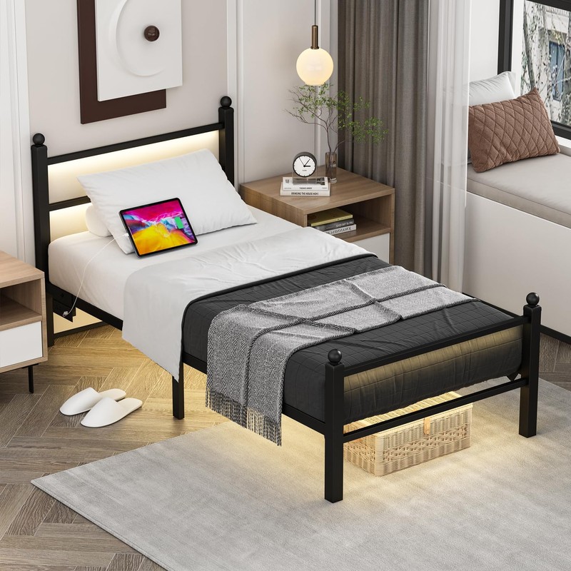Twin Bed Frames With Charging Station & LED Lights, Metal