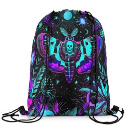 Feelyou Death Moth Drawstring Backpack 13"x15.7" Skull Drawstring Bags Skeleton Bones Sports Drawstring Sackpack Purple Teal Waterproof Cinch Bag Soft