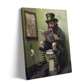 St Patrick Day Canvas Wall Art Decor - Funny Leprechaun Sitting on Toilet Framed Painting, St. Patrick’s Day Humor Art, Bathroom Art, Ideal for St. Patrick’s Day Home Decor, Gift Idea 8X10 inch