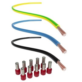 CusoTec Wiring Cable Set 10 mm² Single Core Cable Wiring Bridges for Meter Space Black 3 m - Blue 1 m - Green Yellow 1 m + 10 Wire End Ferrules (10 mm² Set)