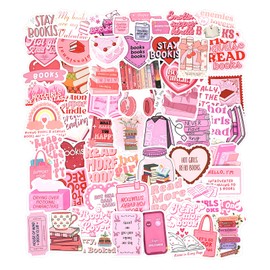 GEEHUA 60 Stück Bookish Sticker Set, Wasserfeste Kawaii Rosa Aufkleber Deko Buch Lesen Vintage Aufkleber ästhetische Aufkleber Vinyl Aufkleber für Skateboard Scrapbooking Tagebuch Laptop