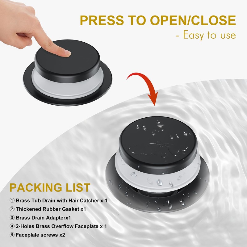 Yaseingoo Matte Black Bathtub Drain Stopper and Overflow Kit, Solid