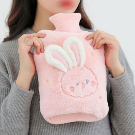 Character fur cold protection winter thermal pocket compress pack water bag thermal pack Rabbit Pink 2000ml