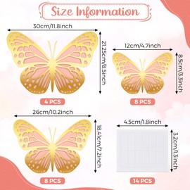 20 Pcs 3D Large Butterfly Party Decoration 2 Layer Giant Paper Butterfly Stickers Big Butterfly Mariposas Decorativas Para Fiesta for Birthday Baby Shower Nursery Girl Wedding, 3 Size (Gold, Pink)