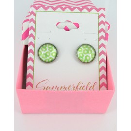 Summerfield Collection Stainless Steel Kiwi Fruit Print Glass Stud Earrings 12mm Green and White
