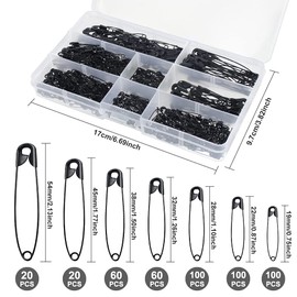 YOYUSH 460 Pcs 7 Sizes Safety Pins, Rust Resistant Small Medium Large Safety Pins for Clothes, Assorted Nickel Plated Steel Sewing Pins for Crafts Arts Quilting Pinning (Black)