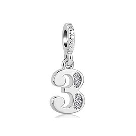 MiiFort Lucky Number 3 Three 3th Charm for Bracelets Pendant Necklaces Women Men Silver Tone Crystal Clear Cubic Zirconia