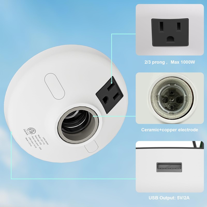 3-in-1 Light Socket Adapter with USB (5V/2A) & Outlet -