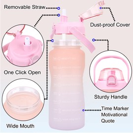 Half Gallon/64oz Daily Sports Water Bottle with Straw & Motivational Time Marker,BPA Free Plastic Water Jug,2 Liter Drinking Bottle for Fitness,Travel,Camp and Outdoor Sports(64oz/2000ml,Pink to White