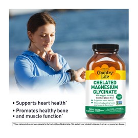 Country Life Chelated Magnesium Glycinate 400mg – High Absorption Magnesium Supplement for Muscle Relaxation, Energy, Bone & Immune Support – Gluten-Free, Vegan, Halal, Non-GMO Verified - 180 Tablets