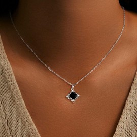 YYDSUNY Dainty Black Onyx Necklace for Women 925 Sterling Silver 14K Gold Plated Square Gemstone Cubic Zirconia Pendant Choker Necklace Jewelry (Silver)