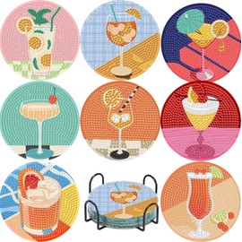 8 Pcs Cocktail Diamond Art Coasters Kits with Holder, DIY Retro Cocktail Diamond Painting Coasters Mosaic Kits for Adults, Round Non Slip Coaster Crafts for Tabletop Protection and Gifts