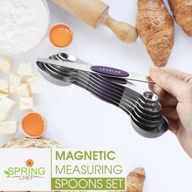 Spring Chef Magnetic Measuring Spoons Set, Dual Sided, Stainless Steel, Fits in Spice Jars, Purple, Set of 8