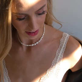 Tiny Bead Choker Necklace 18K Gold Plated | Sterling Silver Dainty Gold Ball Necklace 16 Inch with 2'' Extender | Minimal Everyday Wear Jewelry Gift (Pearl)