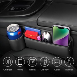 NYEONHRT 2 Packs Universal Fit Car Seat Gap Filler Organizer, Premium Leather Anti-Drop Car Side Gap Storage with Cup Holder for Phone, Keys, Sunglasses & Drinks (Black)​