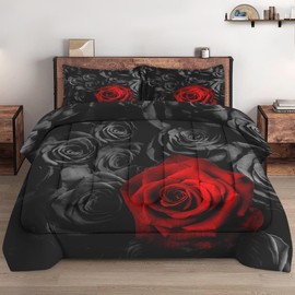 WeCozy Comforter Set Full Size with 2 Pillowcases, Red Rose Flower 3 Pcs Bedding for Kids and Adults, Summer Vintage Floral Soft Comforter Set for Bedroom Bed Decor