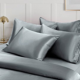 Ersmak 6 Pieces Satin Duvet Cover King Size Luxury Silky Bedding Duvet Cover Set with 1 Soft Duvet Cover, 4 King Pillowcases and 1 Body Pillowcase, Grey