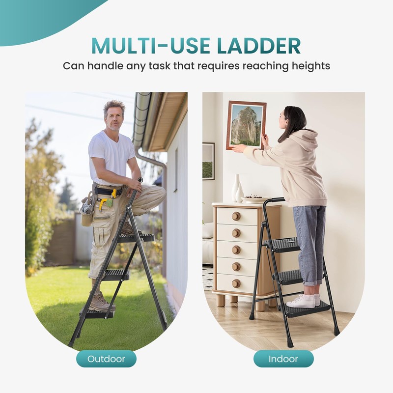 SMUG Step Ladder, 3 Step Stool Foldable with Anti-Slip Pedal