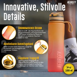 NEUREFY Drinking Bottle 1 Litre Tritan Fire Orange - Leak-Proof, Grip-Proof, BPA-Free - Sports Bottle with Indicator Drinking Quantity & Strainer - Gym Bottle, Water Bottle, Outdoor, Office,