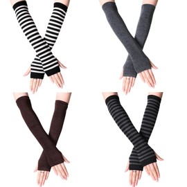 ZOCONE 4 Pairs Arm Warmers Long Fingerless Gloves for Women, Striped Arm Warmer Long Warm Arm Sleeves Women, Stretchy Wrist Warmers Sleeve Arm Warmers Gloves Autumn Winter Accessories (Dark Colours)