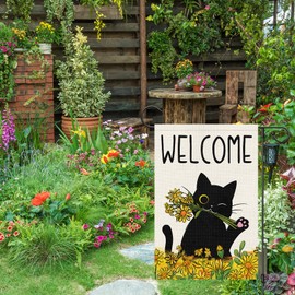 Wodison Summer Garden Flag Welcome Black Cat Sunflower Double Sided Burlap 12x18 inches For Porch Lawn Yard Outdoor and Home Decor