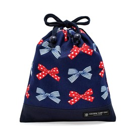 COLORFUL CANDY STYLE N7005500 Lunch Bag, Girls, Drawstring Bag, Medium, Elementary School Students, Stylish, Cute, Kids, French Ribbon with Polka Dots and Stripes (Navy)