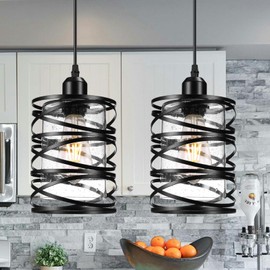 2 Pack Modern Pendant Lights Kitchen Island, Black Farmhouse Seeded Glass Cylinder Pendant Light Fixture, Small Pendant Lighting Over Island Decor, Black Hanging Light for Living Room Bedroom Hallway