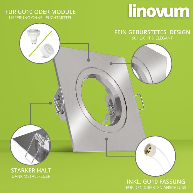 linovum Recessed Spotlight Frame Square Stainless Steel Look Brushed Rigid