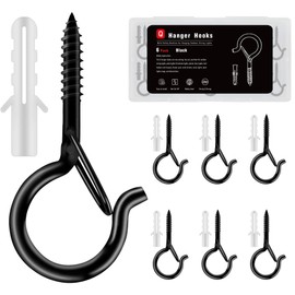 KULOLO 6 Pack Black Screw Hooks with Safety Buckle - 2.3 Inch Rustproof Eye Ceiling Hooks for Hanging Plants,Outdoor String Lights,Baskets,Christmas Lights & Decor,40lb Capacity (6, Black)