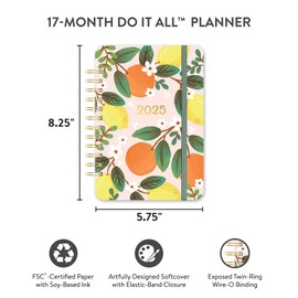 Orange Circle Studio Do It All 2025 Weekly Planner, Fruit & Flora, 17-Month Wire-O Bound Calendar Book, Dotted Grid Week-Per-Spread View, To-Do Lists, Appointment, Budget, Goal Tracker for School/Work