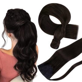 Hetto Ponytail Extensions Human Hair Darkest Brown Clip in Pony Tails Hair Extensions One Piece Ponytail Extensions for Women Darkest Brown #2 14 Inch 70g