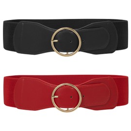 WERFORU 2 Pack Women Elastic Stretchy Wide Belt for Dress Ladies Stretch Thick Waist Belt with Gold O Ring Buckle, Fit waist size 29-33 Inches, Black+Red