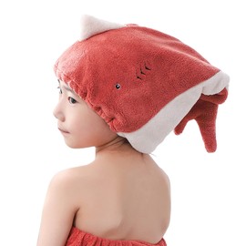 JK Home Kids Microfiber Hair Drying Wrap Towel Cap, Fun Cute Cartoon Shark Super Absorbent Coral Velvet Hair Turban Quick Dry Towels for Wet, Long, Thick Hair