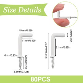 UFURMATE Screw Hooks, 80 Pieces L Shaped Hooks with Plastic Coated Surface Shoulder Dresser Cup Hooks Right Angle Hooks Self Tapping Screw Hooks for Indoor Hanging and