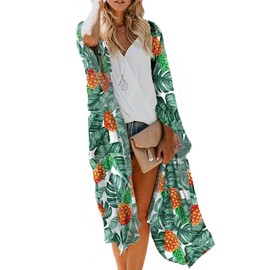 Women's Tropical Leaf Print Boho Beach Long Swimsuit Kimono Cover Ups Summer Chiffon Cardigans Dusters Hawaiian Pineapple Maternity Tops Sheer White Green Medium