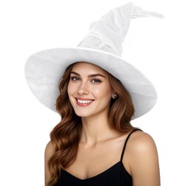 JEGERMIG - Sombrero de bruja fruncido para mujer, de gran tamaño, gorros de terciopelo con ala ancha, accesorio de Halloween, Blanco/18"-2, 18"