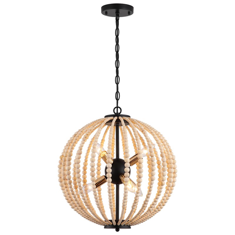 3WWWUEE 18'' Boho Wood Beaded Chandelier - Black Sphere 6-Light