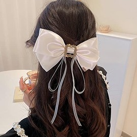 Jumwrit Large Bow Hair Clip Rhinestone Hair Barrette Strong Hold Bowknot Hair Clip Long Ribbon Hair Bow Vintage Hair Accessories for Women Girls（Off White）