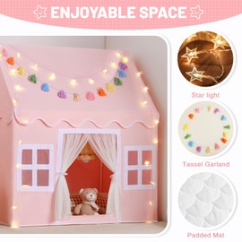 Senodeer Kids Play Tent Indoor: with Mat, Tassel Garland, Star Lights - Pink Girl Tent Playhouse for Toddlers Kids Toys for Boy Girl Birthday Gift for Kids