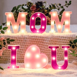 Mom I Love You LED Marquee Sign for Mother’s Day Decoration, Birthday Gift, Led Marquee Letter Lights, Light Up Letters Sign (Pink and Purple)