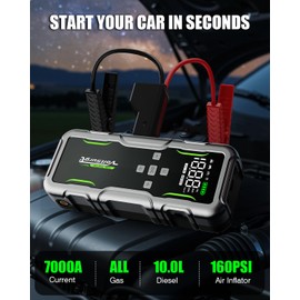 7000A Jump Starter with Air Compressor, 160PSI Car Battery Charger Pack(All Gas/12.0L Diesel), 12V Jump Box Car Battery Jumper Starter Portable with Large LCD Display, Lights