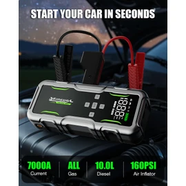 7000A Jump Starter with Air Compressor, 160PSI Car Battery Charger Pack(All Gas/12.0L Diesel), 12V Jump Box Car Battery Jumper Starter Portable with Large LCD Display, Lights
