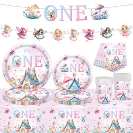SKTMH 82Pcs Fairy First Birthday Decorations Floral Fairy 1st Birthday Plates and Napkins One Birthday Banner for Baby Shower Fairy First Birthday Spring Garden Tea Party Decorations Tableware Set