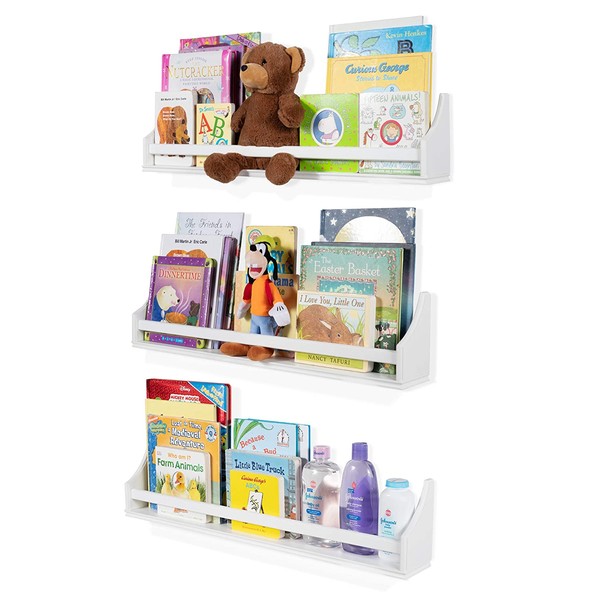 Nursery Décor Wall Shelves – 3 Shelf Set – White Long Crown Molding Floating Bookshelves for Baby & Kids Room, Book Organizer Storage Ledge, Display Holder for Toys, CDs, Baby Monitor